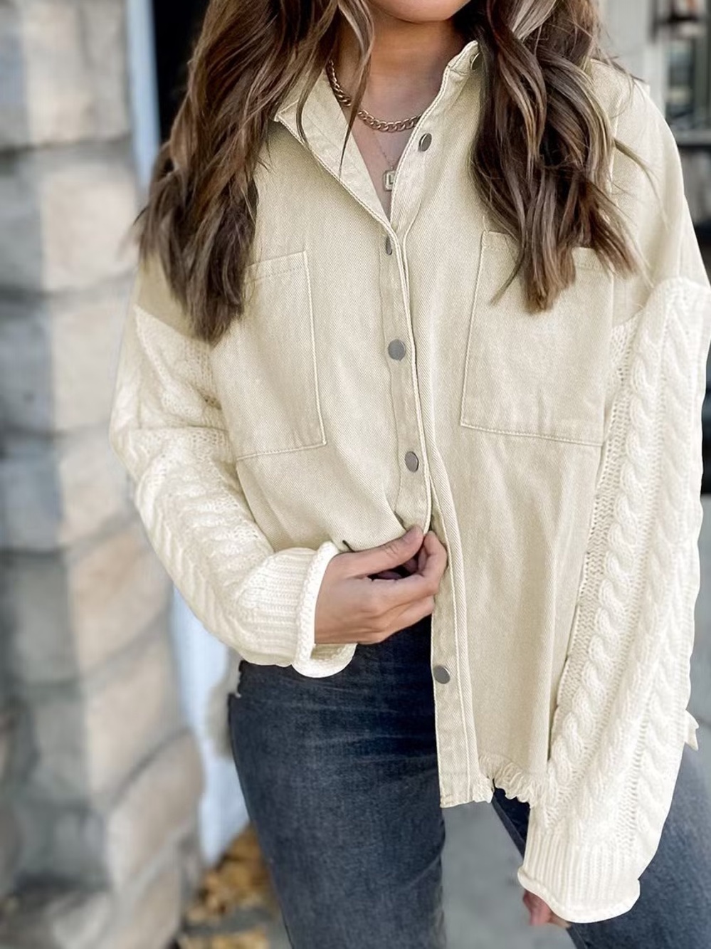 Blu Pepper oversized Cream Button-Front Mixed-Media denim and knitted